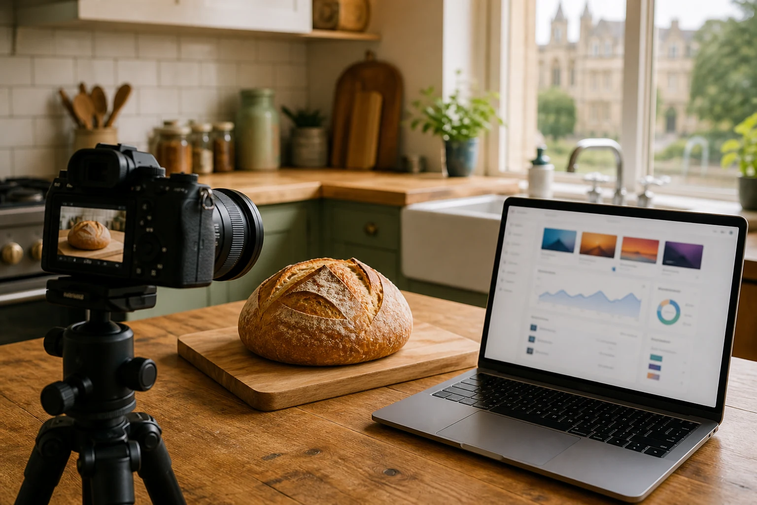 W-8BEN for Udemy instructors — a home kitchen studio in Cambridge with a tripod-mounted camera filming a sourdough loaf on the counter, a laptop open to the Udemy instructor dashboard nearby