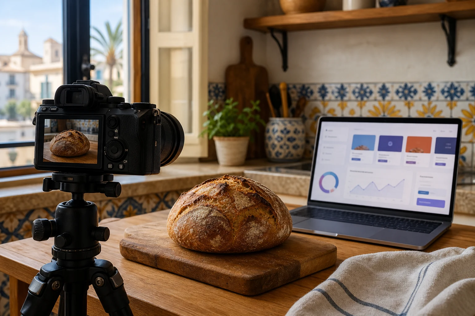 W-8BEN para instructores de Udemy — un estudio de cocina casero en Valencia con una cámara sobre trípode grabando una hogaza de pan de masa madre en la encimera, un portátil abierto con el panel de instructor de Udemy al lado
