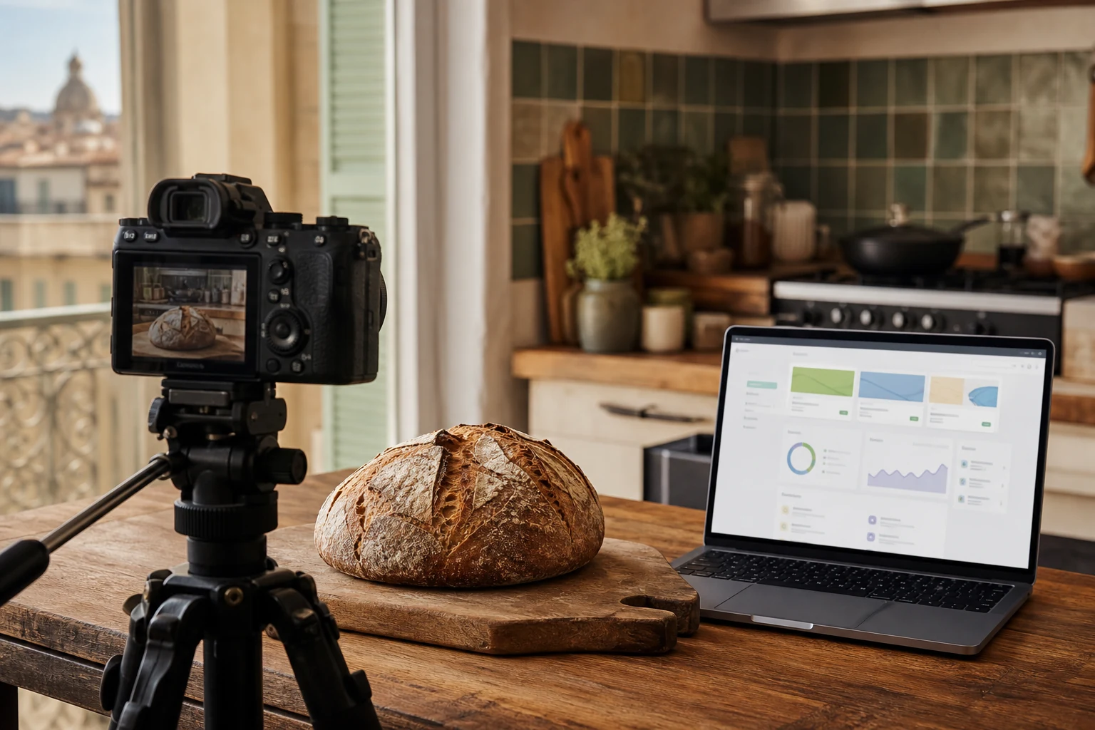 W-8BEN pour les formateurs Udemy — un studio de cuisine à domicile à Marseille avec une caméra sur trépied filmant une miche de pain au levain sur le plan de travail, un ordinateur portable ouvert sur le tableau de bord formateur Udemy à proximité