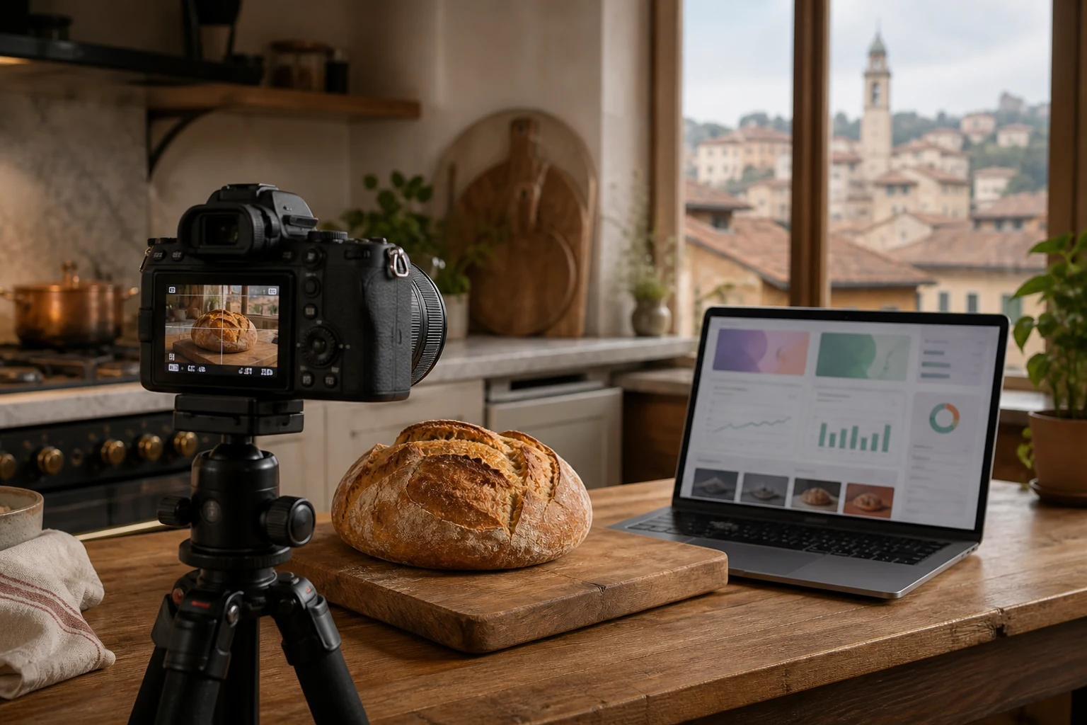 W-8BEN per gli istruttori Udemy — uno studio-cucina domestico a Bergamo con una fotocamera su treppiede che riprende una pagnotta di pane a lievitazione naturale sul piano di lavoro, un laptop aperto sulla dashboard istruttore di Udemy accanto