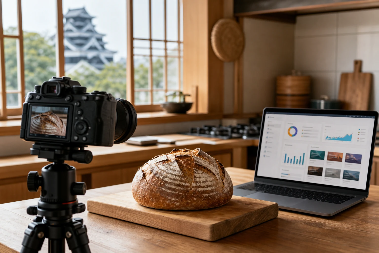 Udemy講師向けW-8BEN — 熊本の自宅キッチンスタジオで、天然酵母パンをカウンターの上で撮影する三脚に固定されたカメラ、そばにはUdemyの講師ダッシュボードを開いたノートパソコンが置かれている様子