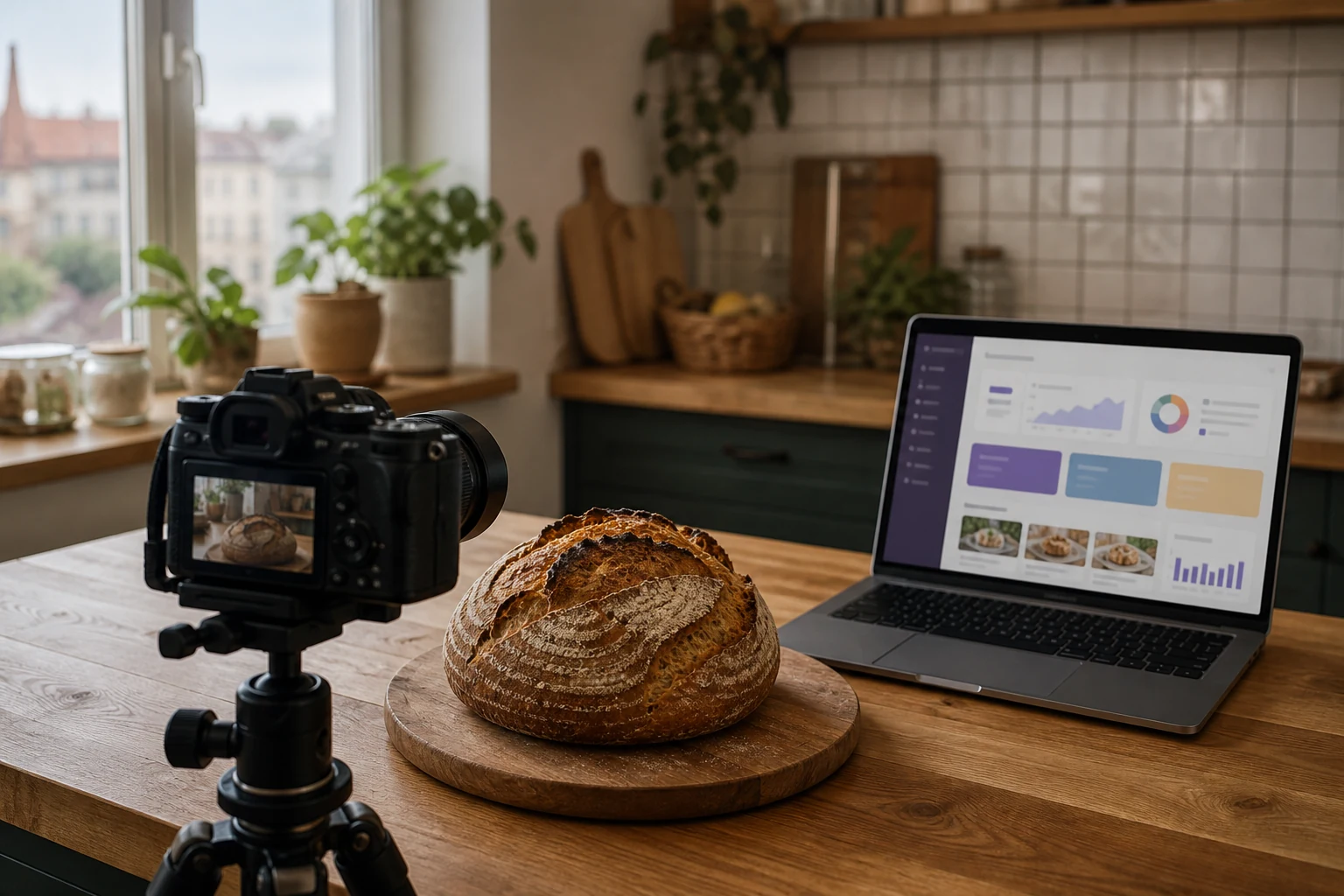 W-8BEN dla instruktorów Udemy — domowe studio kuchenne w Lublinie z kamerą na statywie filmującą bochenek chleba na zakwasie na blacie, obok otwarty laptop z panelem instruktora Udemy
