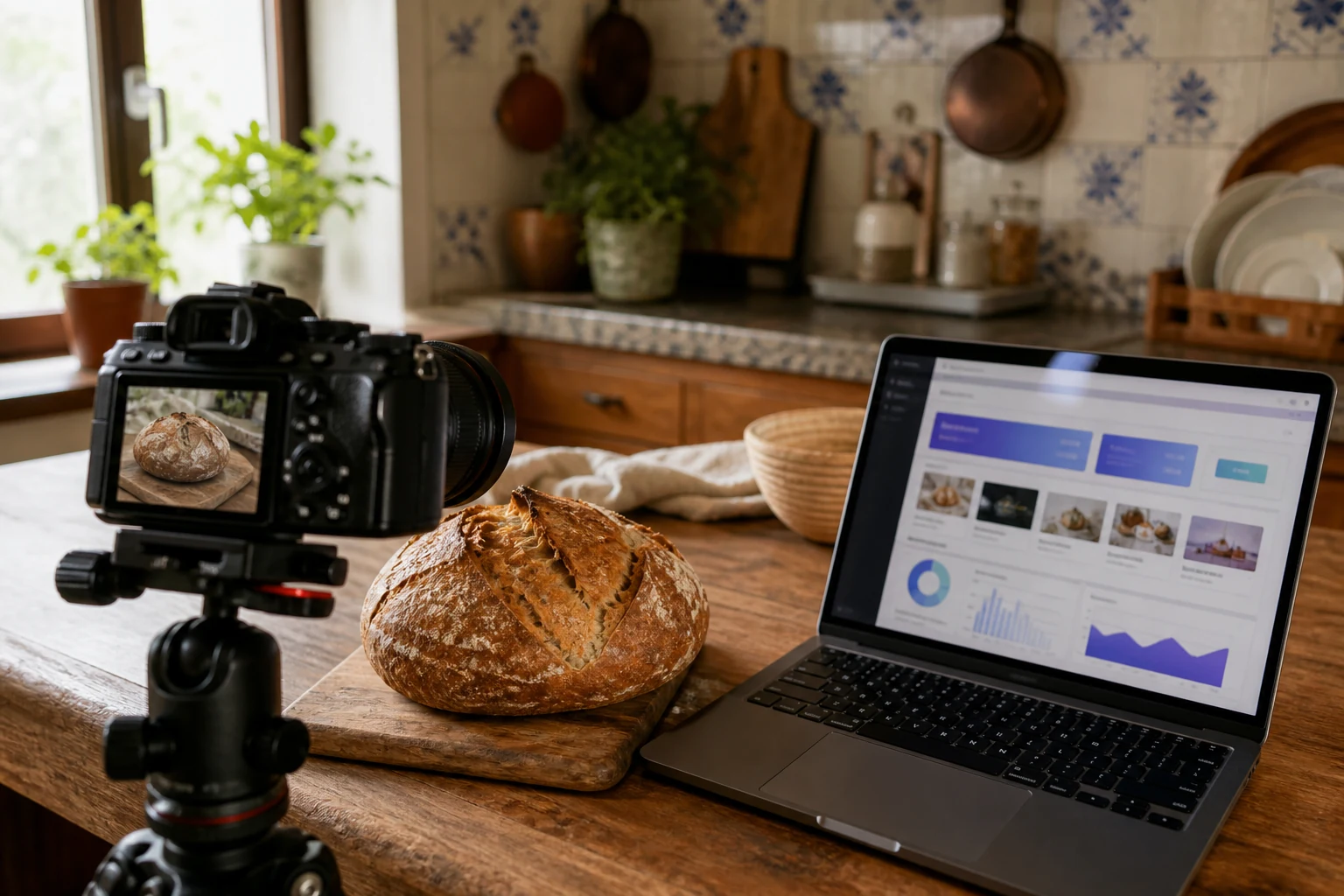 W-8BEN para formadores da Udemy — um estúdio de cozinha caseiro em Leiria com uma câmara em tripé a filmar um pão de fermentação natural sobre a bancada, um portátil aberto com o painel de formador da Udemy ao lado