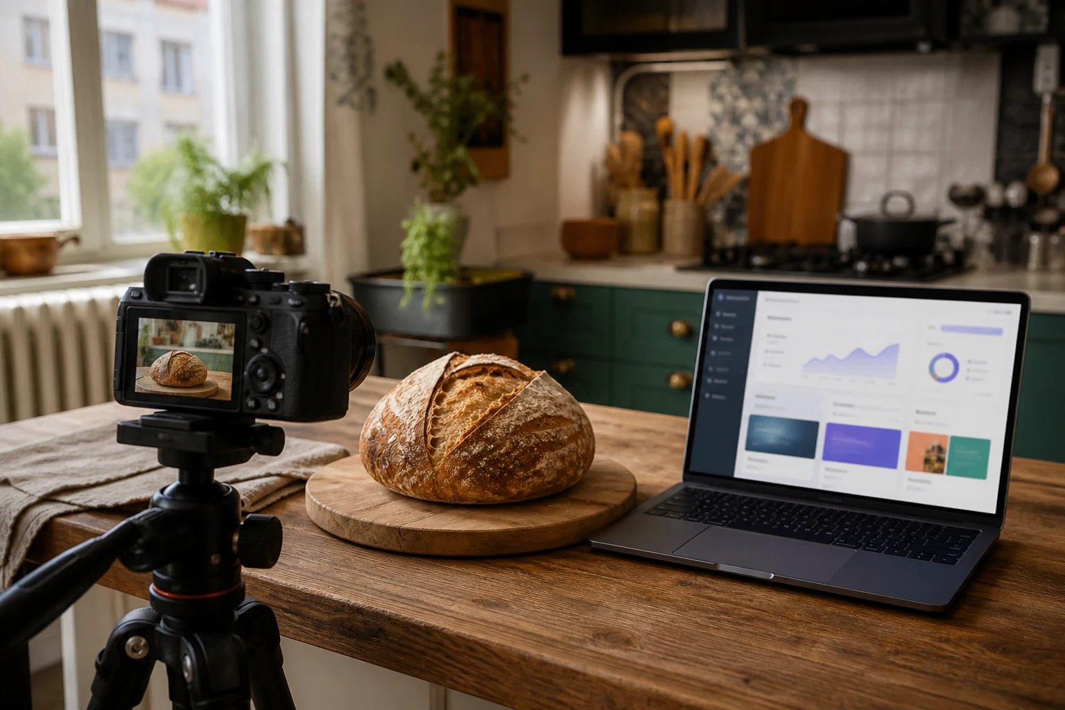 W-8BEN pentru instructorii Udemy — un studio de bucătărie amenajat acasă în Galați, cu o cameră pe trepied filmând o pâine cu maia pe blat, un laptop deschis cu panoul de instructor Udemy alături