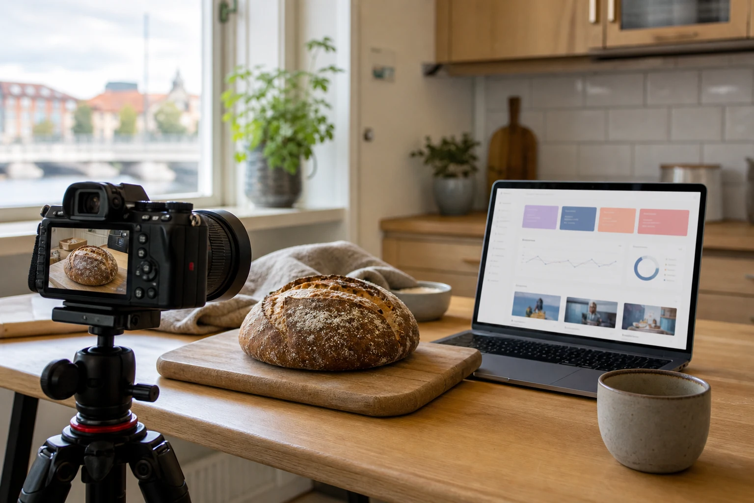 W-8BEN för Udemy-kursledare — en hemmastudio i köket i Karlstad med en kamera på stativ som filmar ett surdegsbröd på bänken, en bärbar dator öppen med Udemys instruktörspanel bredvid