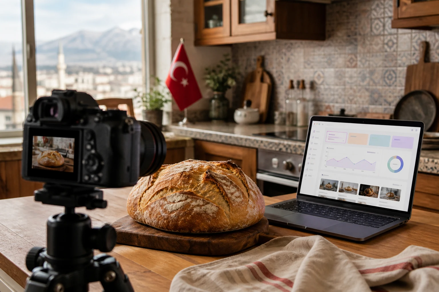 Udemy eğitmenleri için W-8BEN — Kayseri'de ev mutfağı stüdyosunda tripodlu bir kameranın tezgahtaki ekşi maya ekmeğini çektiği sahne, yanında Udemy eğitmen panelinin açık olduğu bir dizüstü bilgisayar