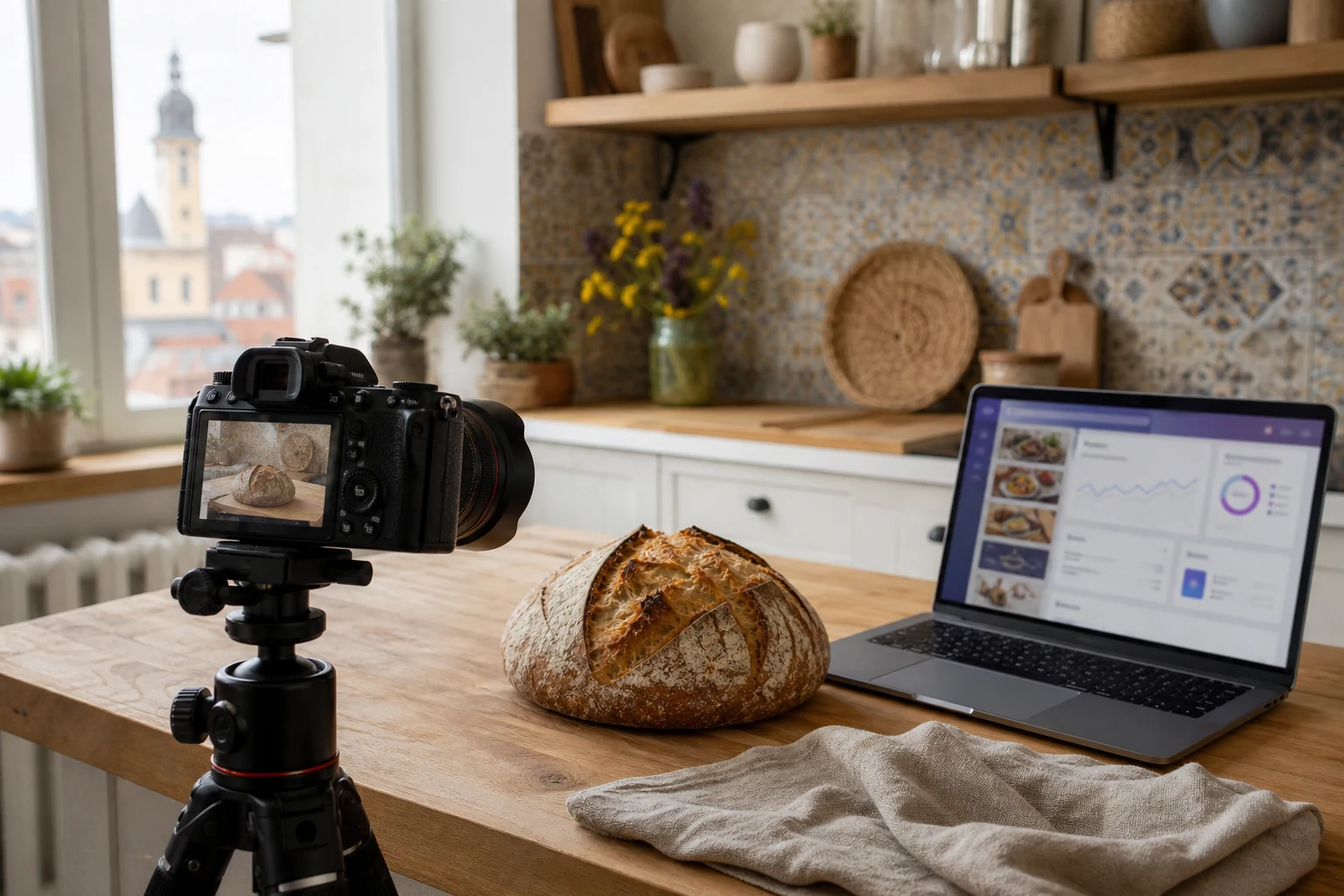 W-8BEN для викладачів Udemy — домашня кухня-студія в Чернівцях, камера на штативі знімає буханець хліба на заквасці на стільниці, поруч ноутбук з відкритою панеллю викладача Udemy