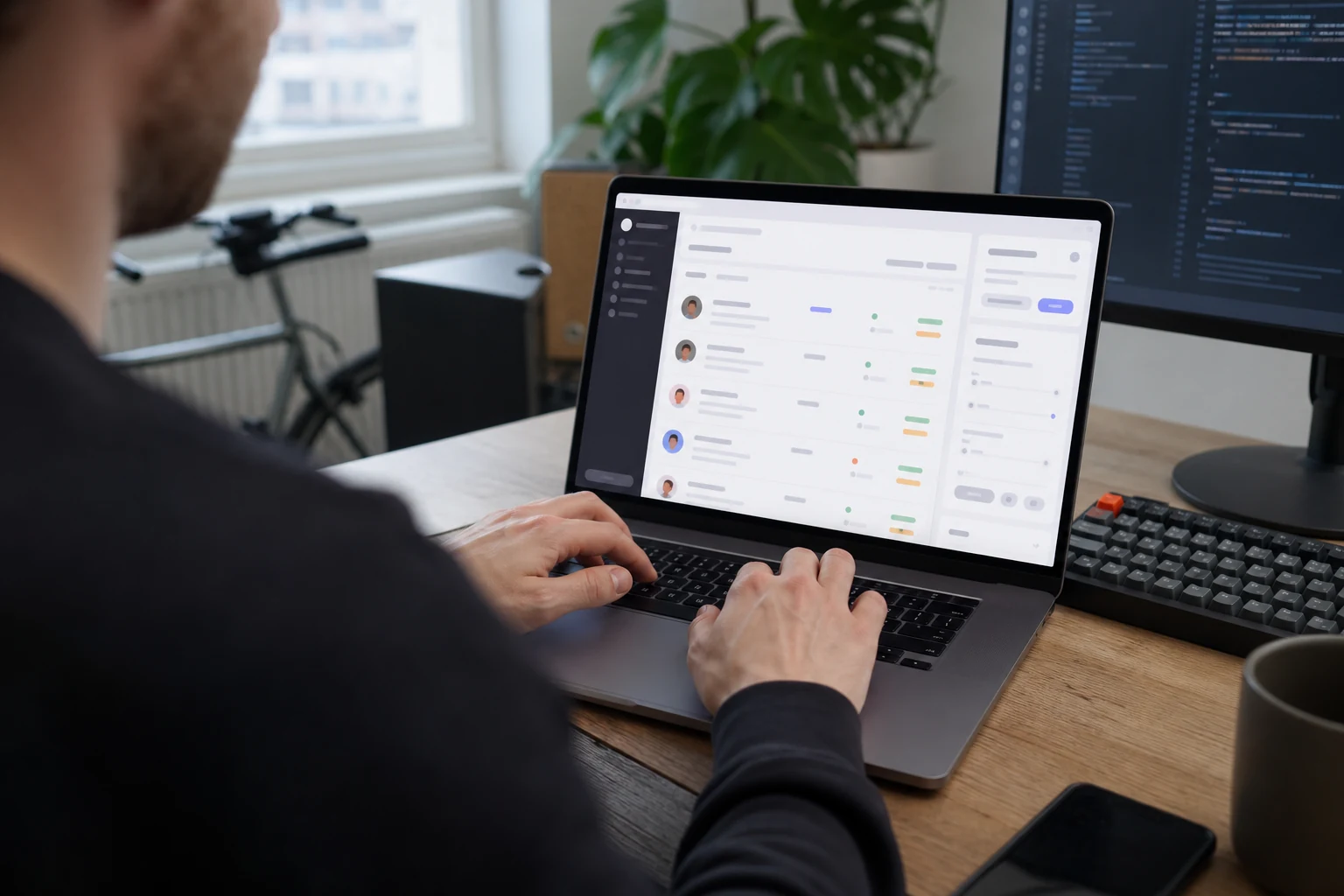 W-8BEN für Upwork-Freelancer — Blick über die Schulter auf Hände, die auf einem Laptop mit Freelance-Job-Feed-Dashboard tippen, daneben ein zweiter Monitor mit Code und eine mechanische Tastatur