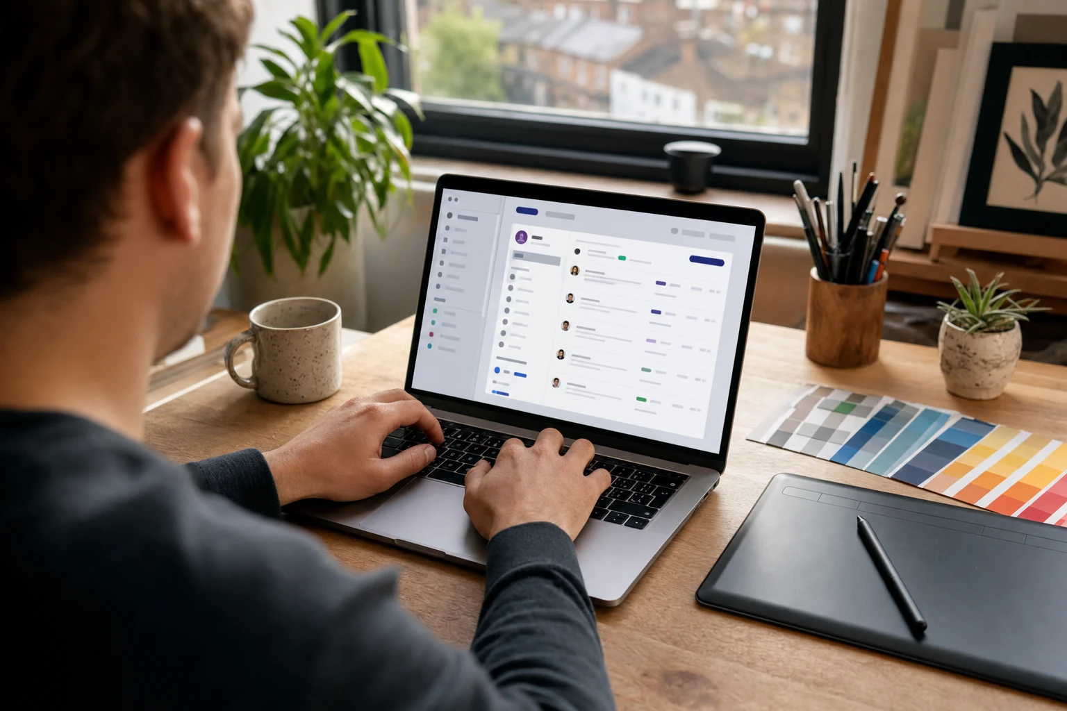 W-8BEN for Upwork freelancers — over-the-shoulder view of hands typing on a laptop showing a freelance job-feed dashboard, a set of color swatches and a stylus tablet on the desk beside it