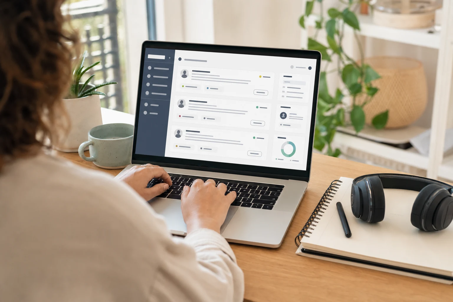 W-8BEN para freelancers de Upwork — vista por encima del hombro de unas manos escribiendo en un portátil con un panel de ofertas freelance, una agenda y unos auriculares sobre la mesa al lado