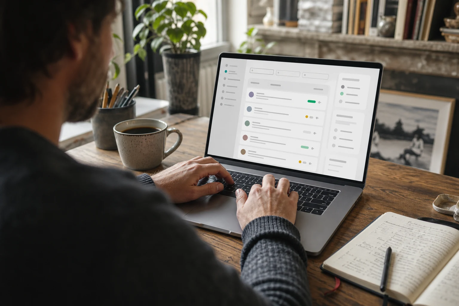 W-8BEN pour freelances Upwork — vue par-dessus l'épaule de mains tapant sur un ordinateur portable affichant un tableau de bord de missions freelance, un carnet de brouillons manuscrits et une tasse de café posés à côté