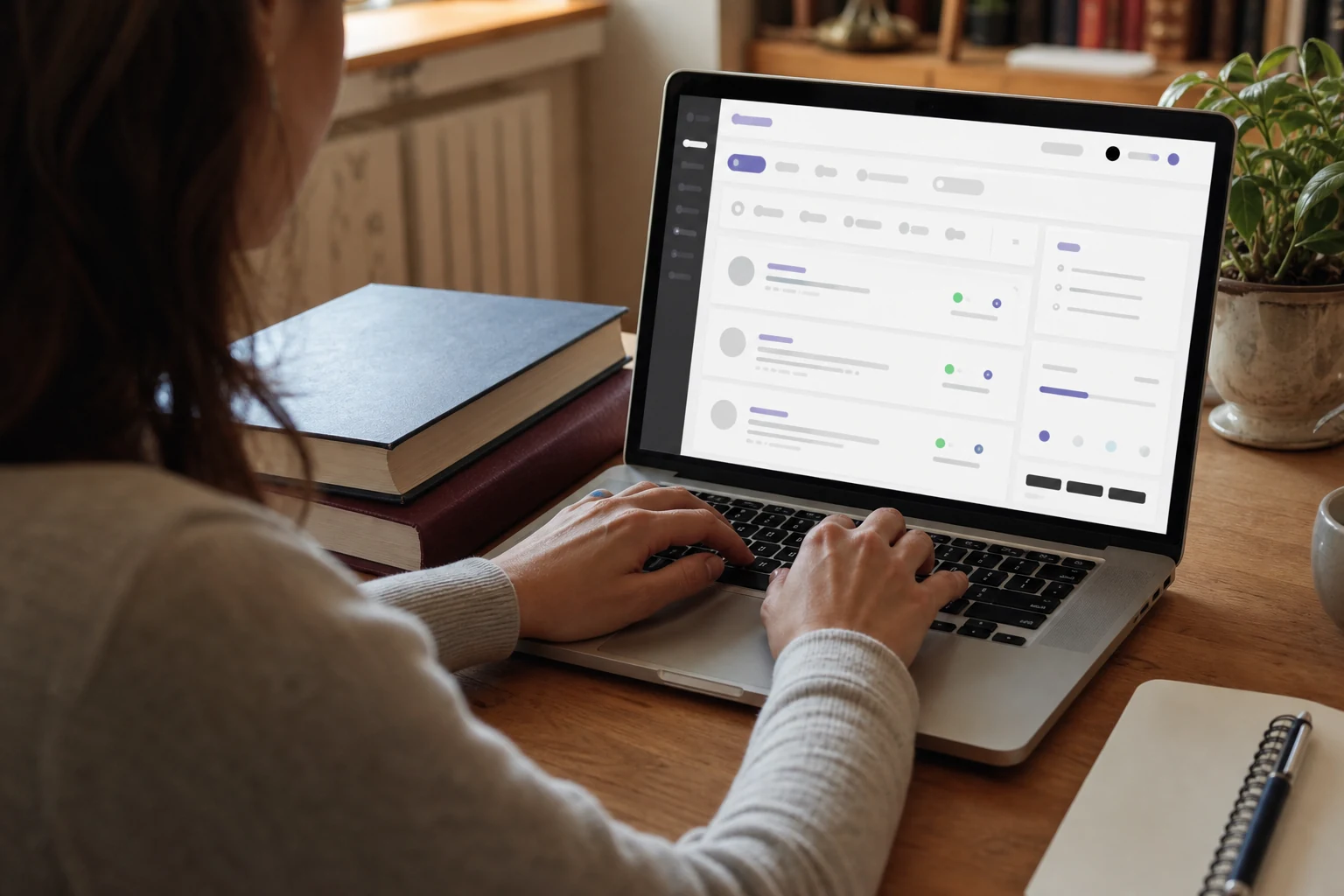 W-8BEN per freelance su Upwork — vista dall'alto della spalla di mani che digitano su un laptop con una bacheca di incarichi freelance, dizionari e libri di riferimento linguistico accanto sulla scrivania