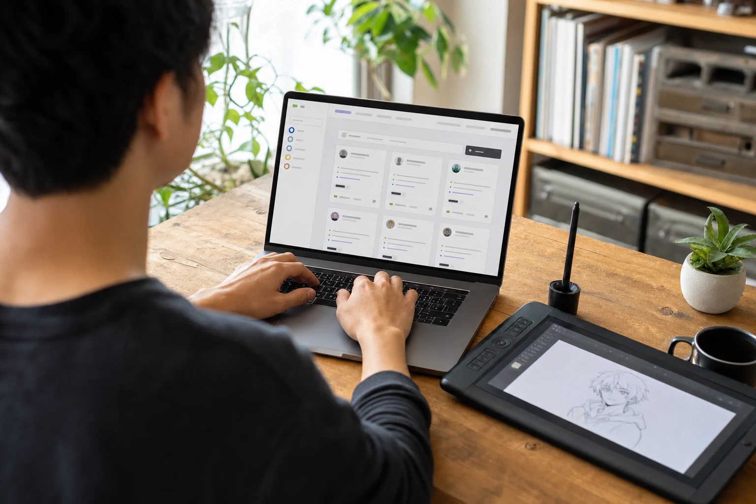 Upworkフリーランサー向けW-8BEN — フリーランス案件フィードを表示したノートパソコンで入力する手元を肩越しに写した構図、隣にグラフィックタブレットとペンが置かれている