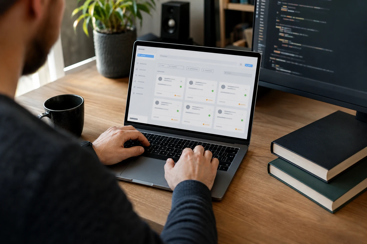 W-8BEN dla freelancerów na Upwork — widok zza ramienia na dłonie piszące na laptopie z panelem ofert freelance, obok na biurku drugi monitor z kodem i książki o programowaniu
