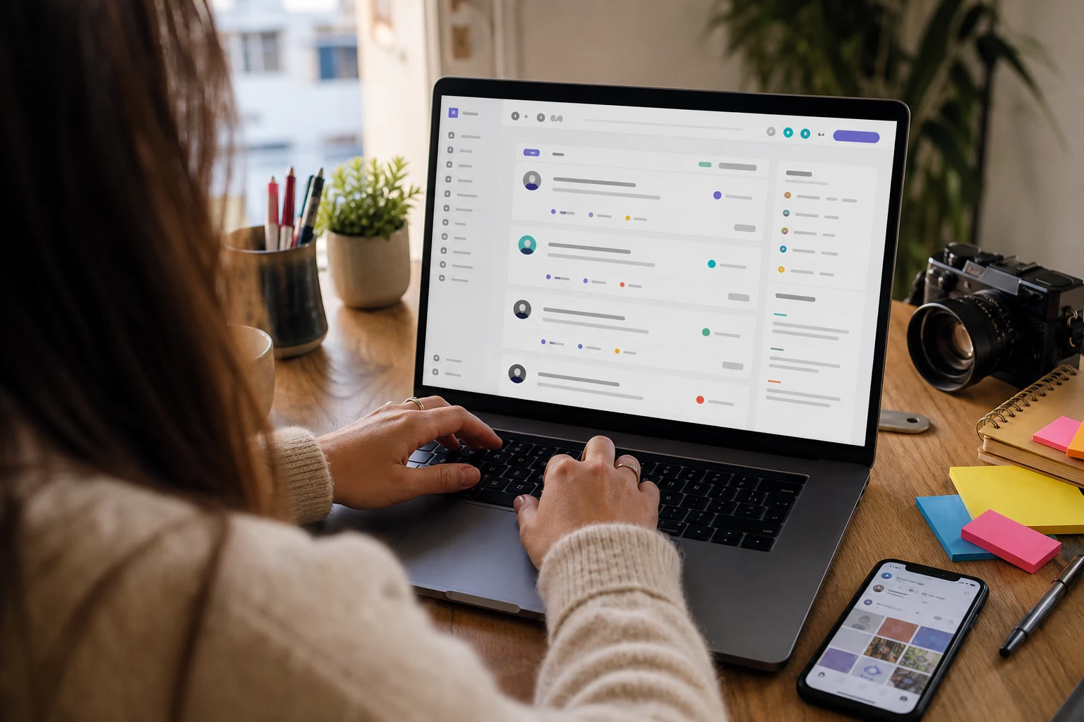 W-8BEN para freelancers do Upwork — vista por cima do ombro de mãos a escrever num portátil com um painel de propostas freelance, um telemóvel a mostrar estatísticas de redes sociais e notas autocolantes coloridas ao lado
