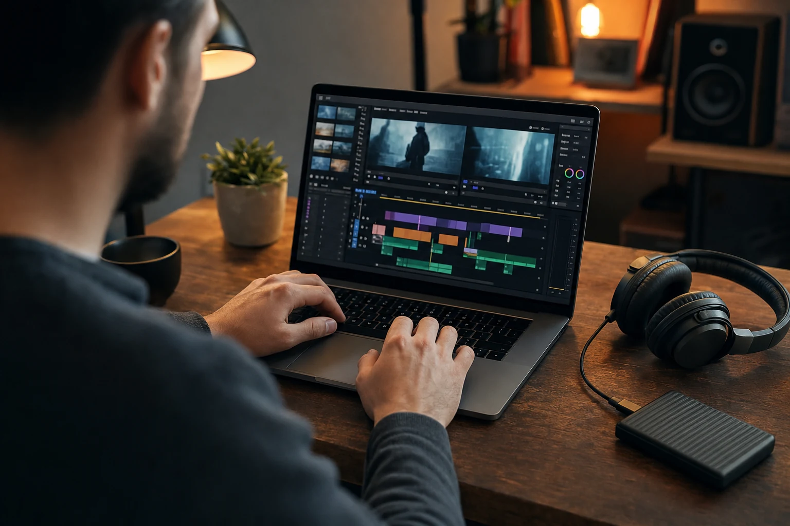 W-8BEN pentru freelanceri pe Upwork — vedere peste umăr a mâinilor care tastează pe un laptop cu un panou de proiecte freelance, un hard disk extern și căști audio pe birou alături