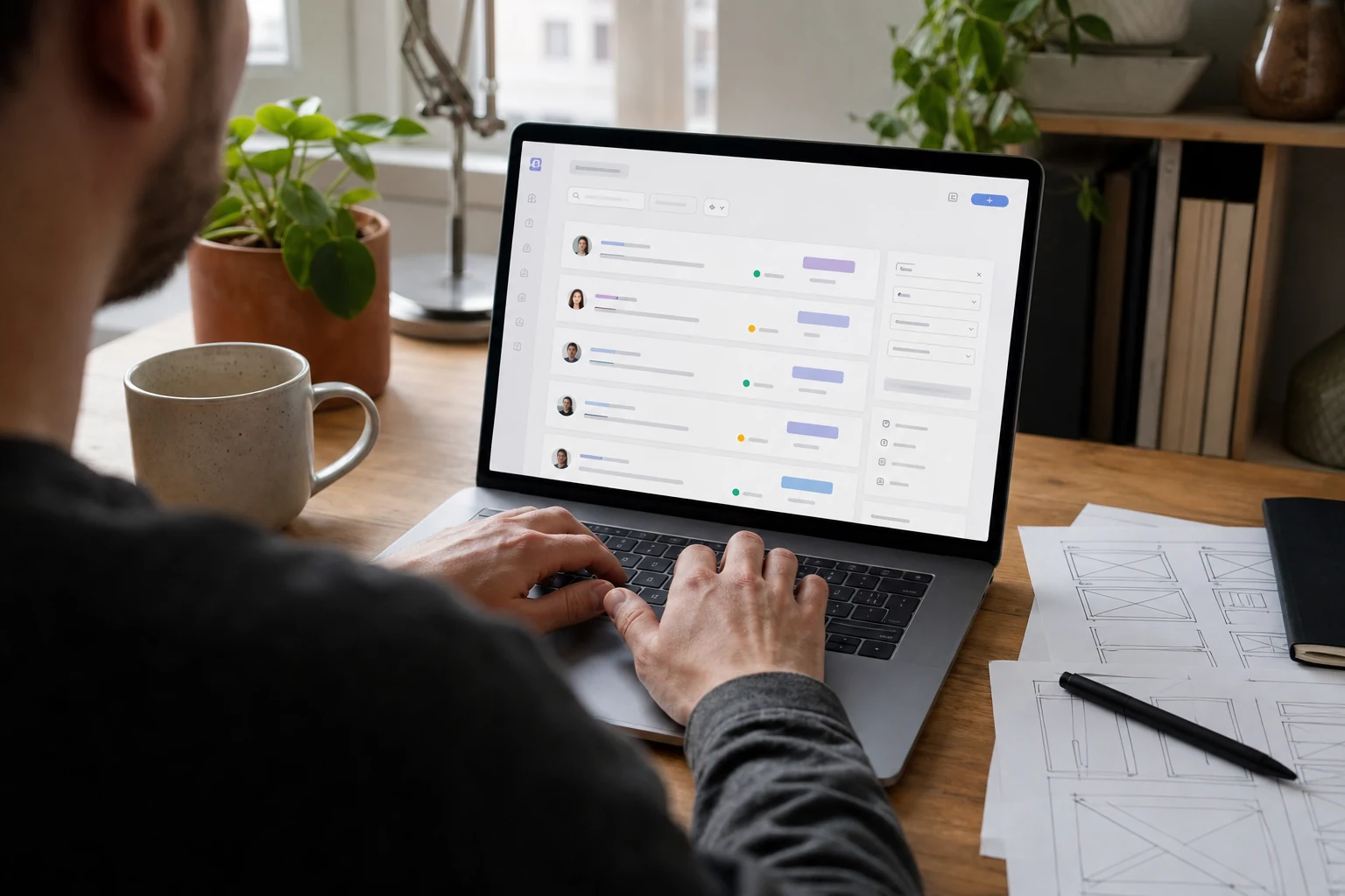 W-8BEN för Upwork-frilansare — vy över axeln på händer som skriver på en bärbar dator med ett flöde av frilansuppdrag, wireframe-skisser på papper och en digital penna bredvid på skrivbordet