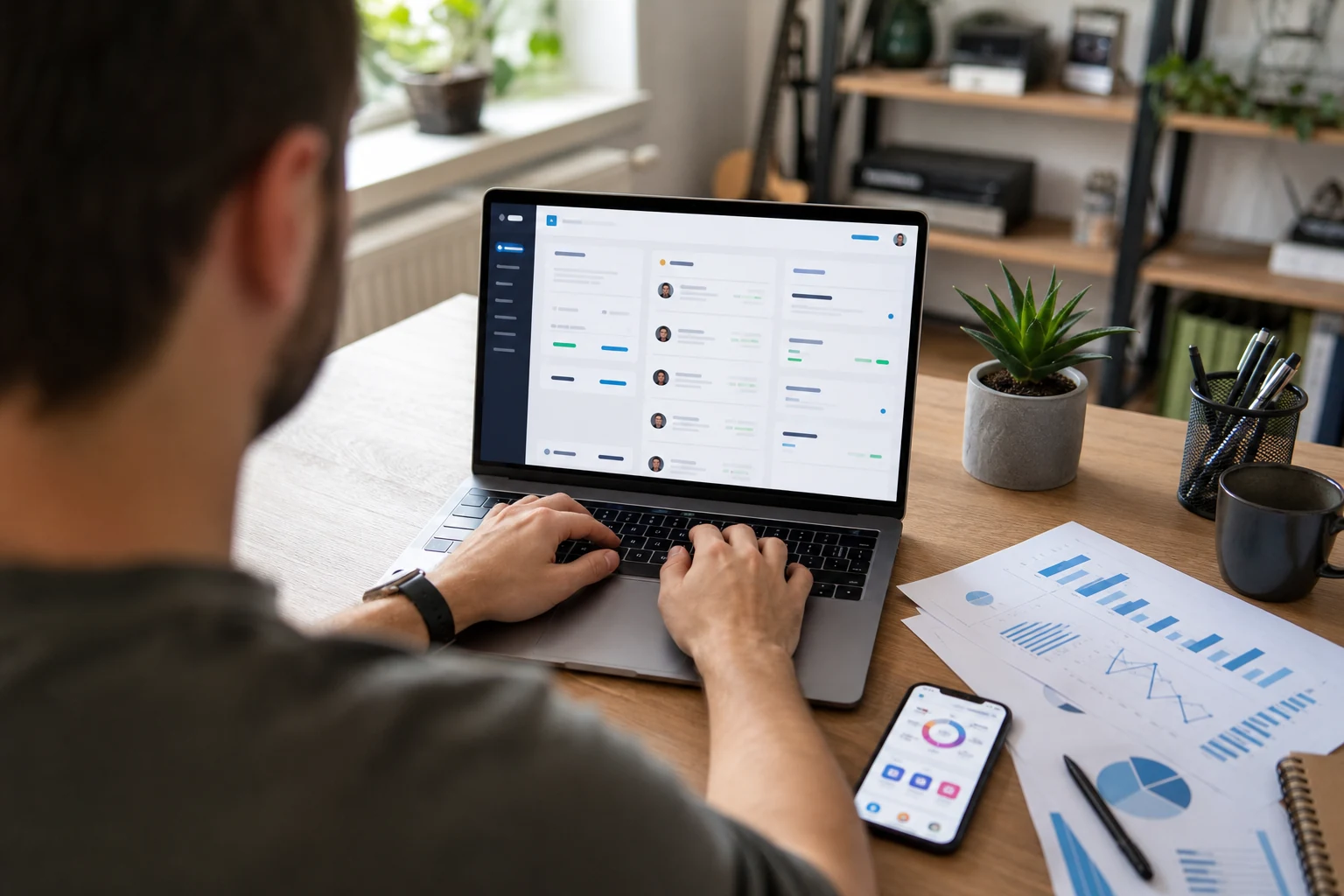 Upwork serbest çalışanları için W-8BEN — omuz üzerinden görünüm, freelance iş ilanı panosu gösteren bir dizüstü bilgisayarda yazan eller, yanında basılı analiz grafikleri ve sosyal medya istatistiklerini gösteren bir telefon