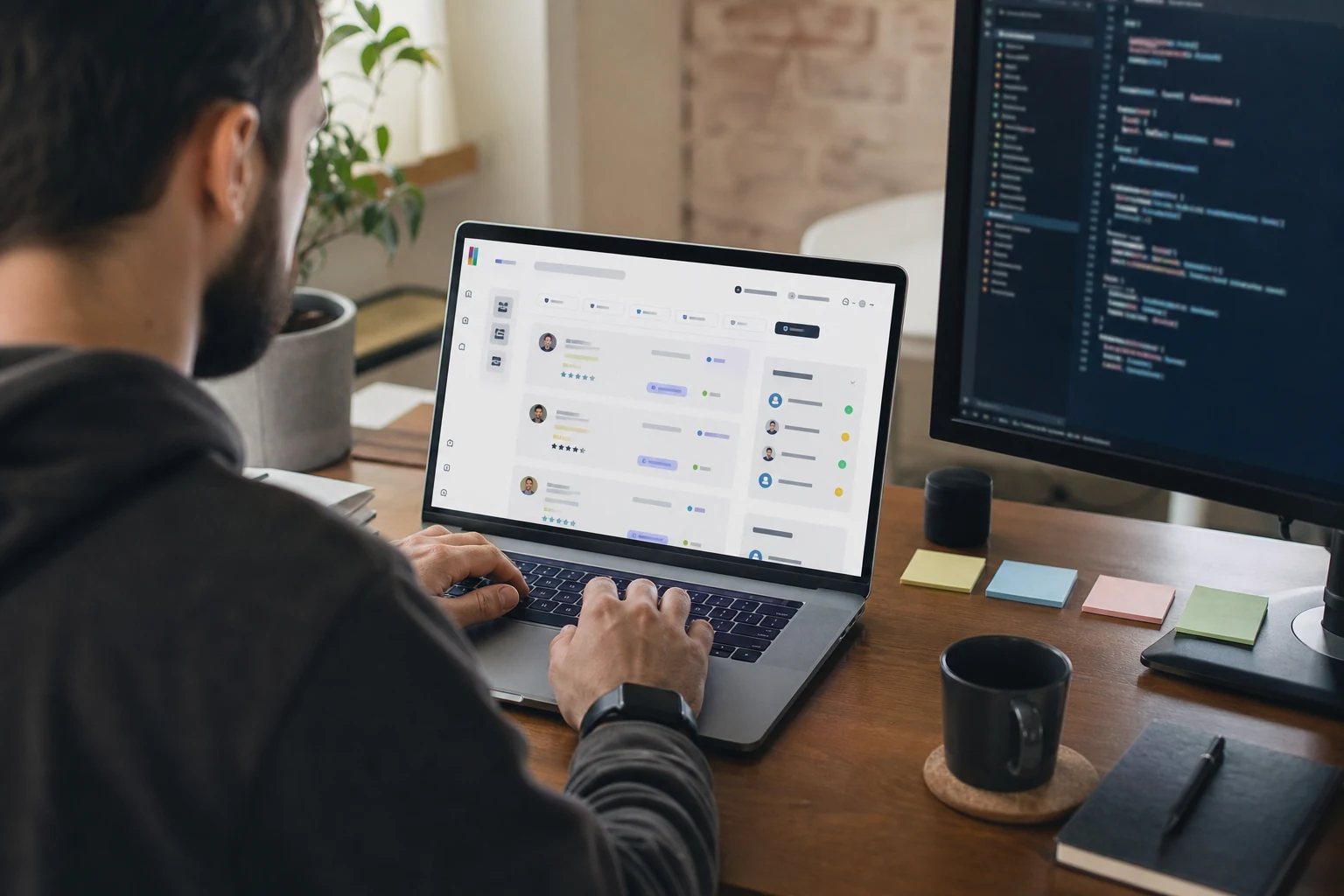 W-8BEN для фрилансерів на Upwork — вигляд через плече на руки, що друкують на ноутбуці зі стрічкою фриланс-замовлень, поруч другий монітор з кодом і стікери-нагадування на столі