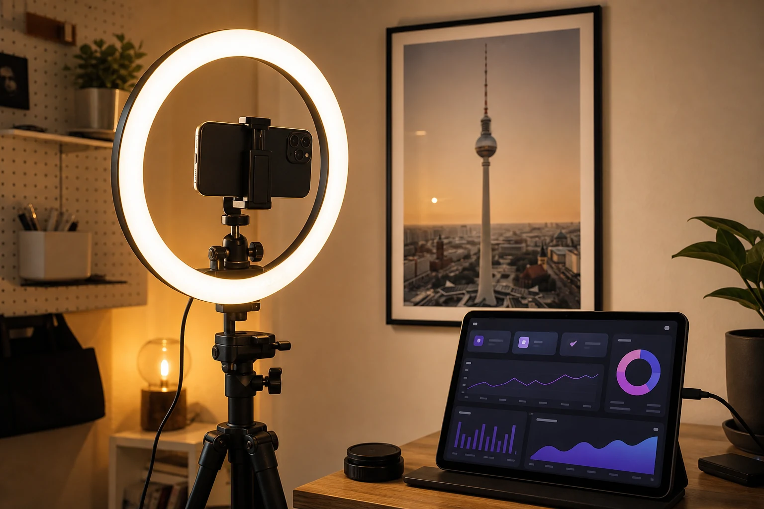 W-8BEN für YouTube — das Heimstudio eines Creators mit Ringlicht und Kamera auf Stativ, ein kleiner Monitor zeigt ein YouTube-Studio-ähnliches Analyse-Dashboard, dahinter ein gerahmter Druck des Berliner Fernsehturms