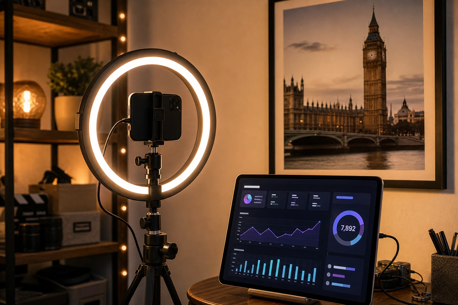 W-8BEN for YouTube — a content creator's home filming setup with a ring light and camera on a tripod, a small monitor showing a YouTube-style analytics dashboard, a framed print of Big Ben on the wall behind