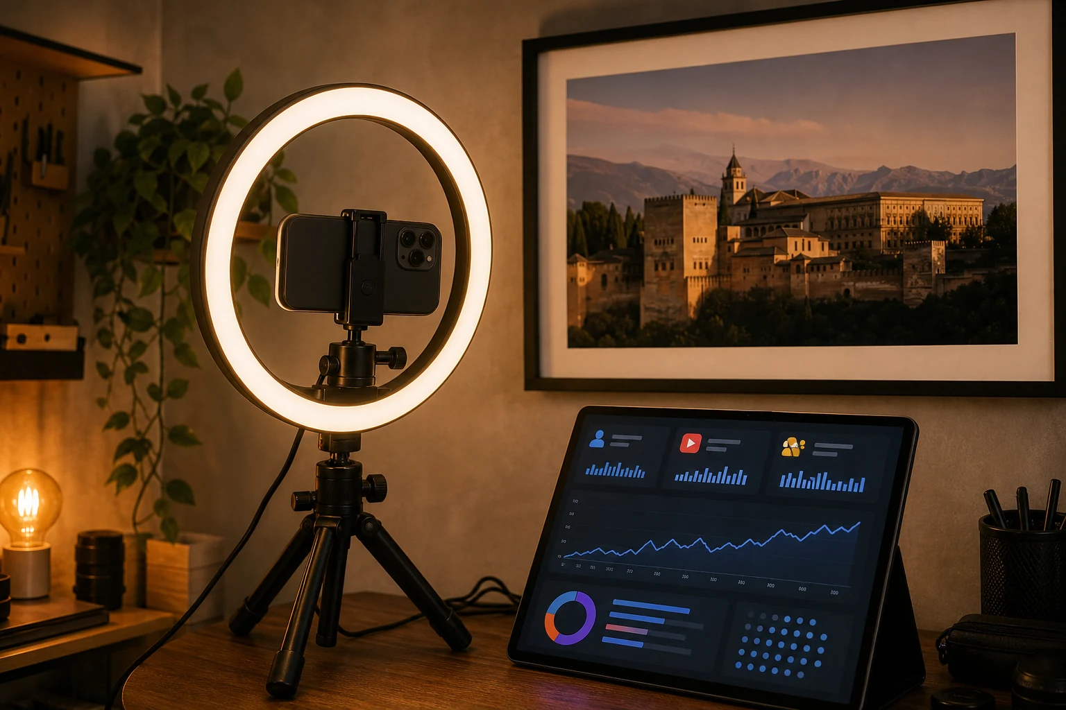 W-8BEN para YouTube — el estudio casero de un creador con aro de luz y cámara en trípode, una pantalla pequeña muestra un panel de análisis al estilo YouTube Studio, una lámina enmarcada de la Alhambra en la pared detrás