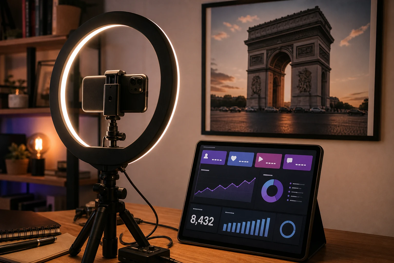 W-8BEN pour YouTube — le studio maison d'une créatrice avec anneau lumineux et caméra sur trépied, un petit écran affichant un tableau de bord d'analyse façon YouTube Studio, une estampe encadrée de l'Arc de Triomphe au mur derrière
