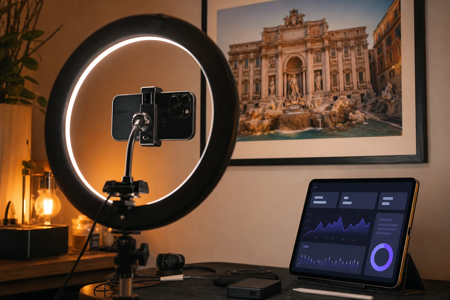 W-8BEN per YouTube — lo studio casalingo di una creator con ring light e videocamera su treppiede, un piccolo monitor mostra una dashboard di analisi in stile YouTube Studio, una stampa incorniciata della Fontana di Trevi sulla parete dietro