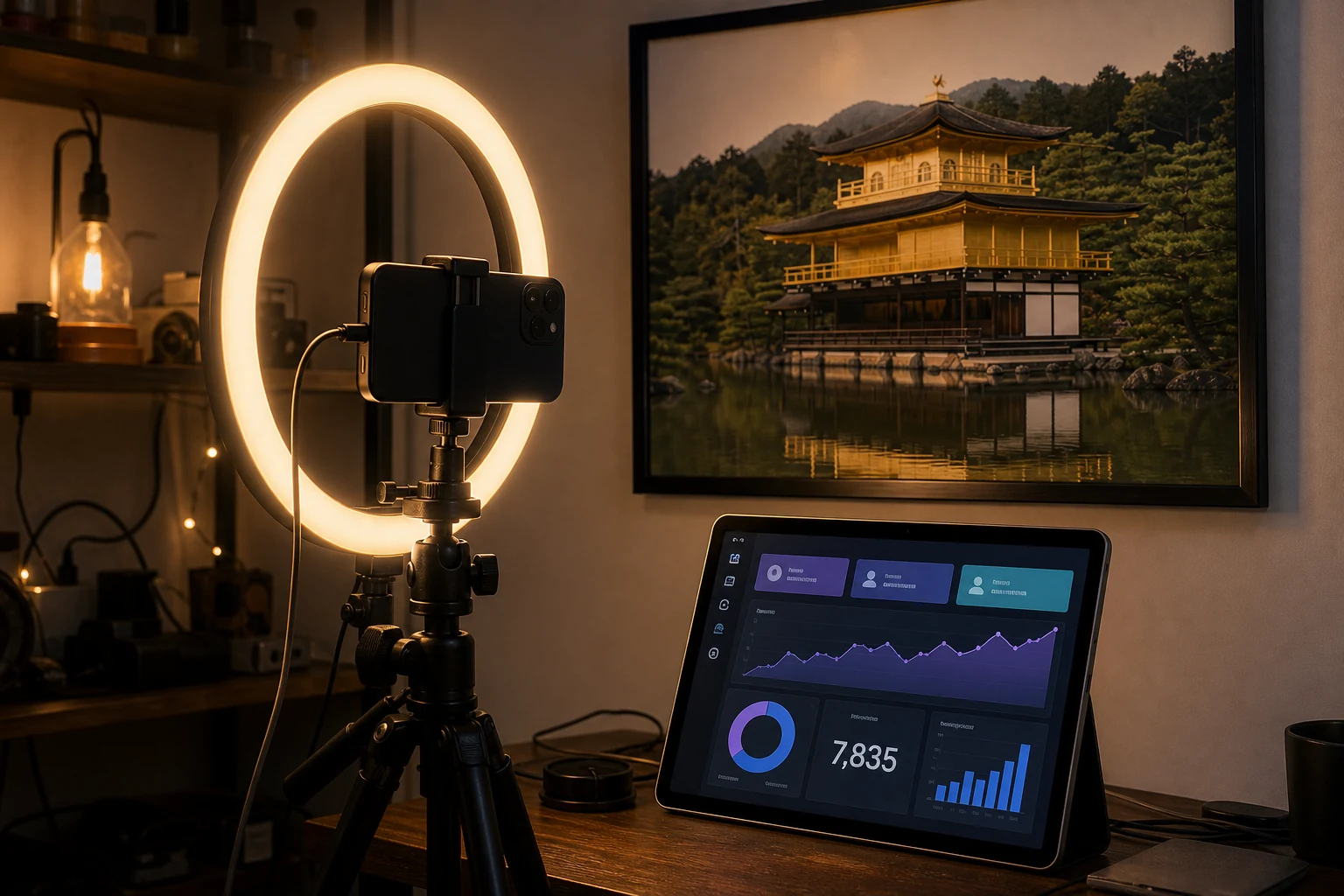YouTube向けW-8BEN — リングライトと三脚に固定したカメラのある自宅スタジオ、小さなモニターにYouTube Studio風の分析ダッシュボードが表示され、背後の壁に金閣寺の額入りプリント