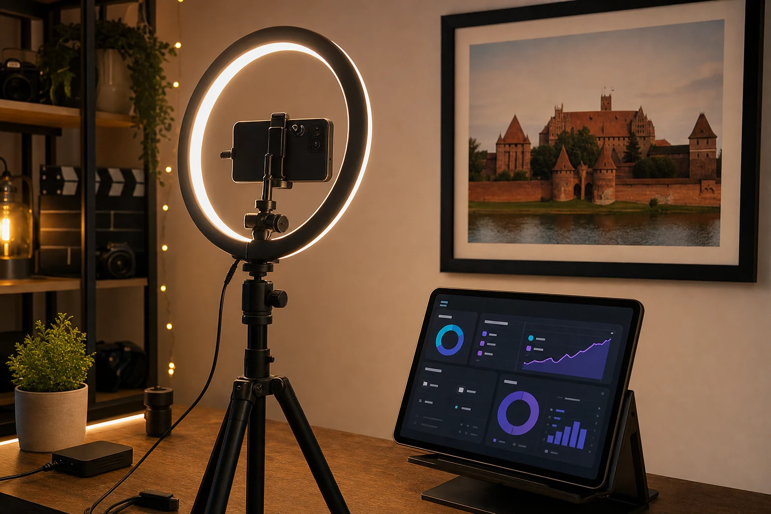 W-8BEN dla YouTube — domowe studio twórczyni z lampą pierścieniową i kamerą na statywie, mały monitor pokazuje panel analityczny w stylu YouTube Studio, w tle na ścianie oprawiony w ramkę druk Zamku w Malborku