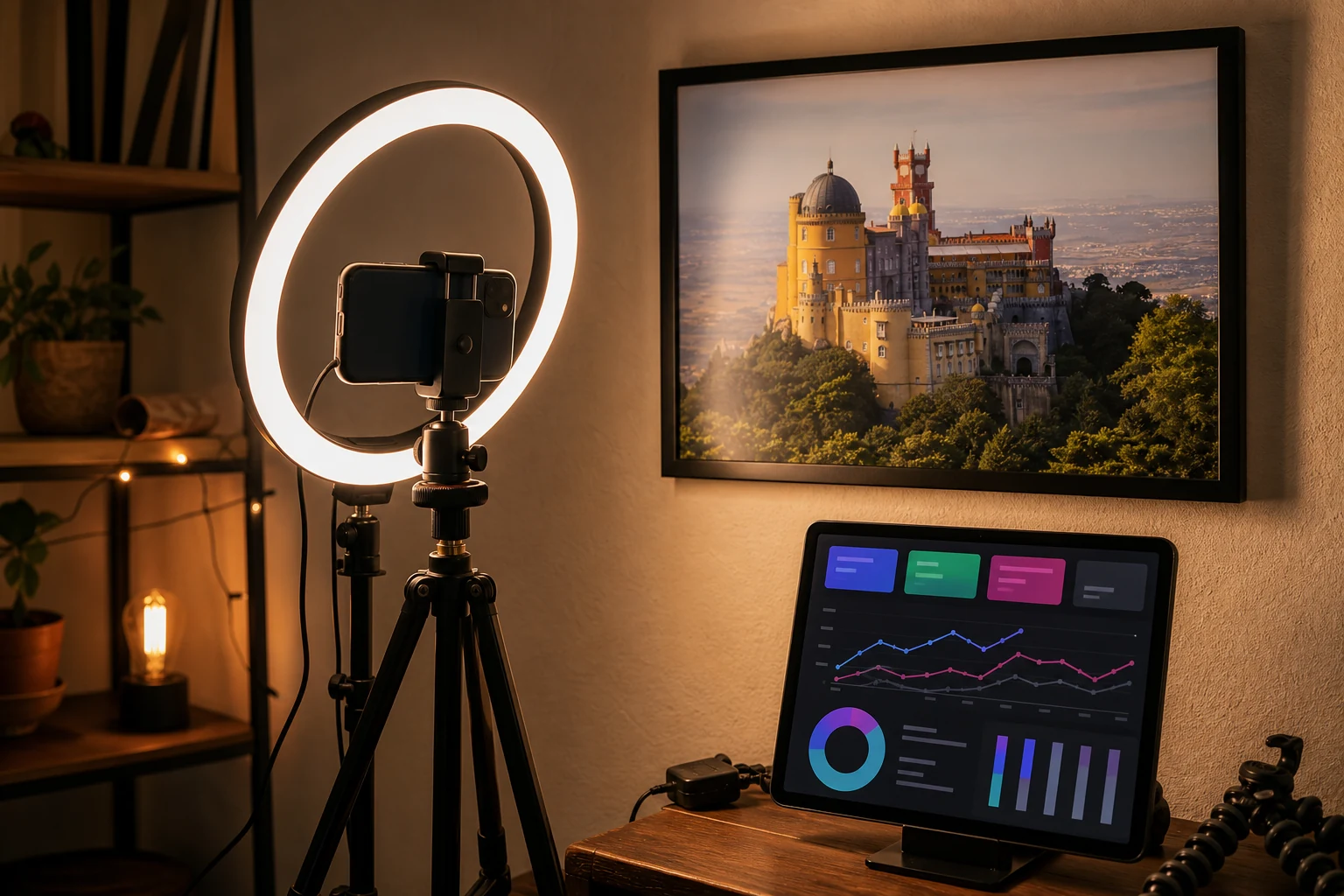 W-8BEN para o YouTube — o estúdio caseiro de um criador com luz de anel e câmara em tripé, um pequeno monitor a mostrar um painel de análise ao estilo YouTube Studio, uma gravura emoldurada do Palácio da Pena na parede atrás