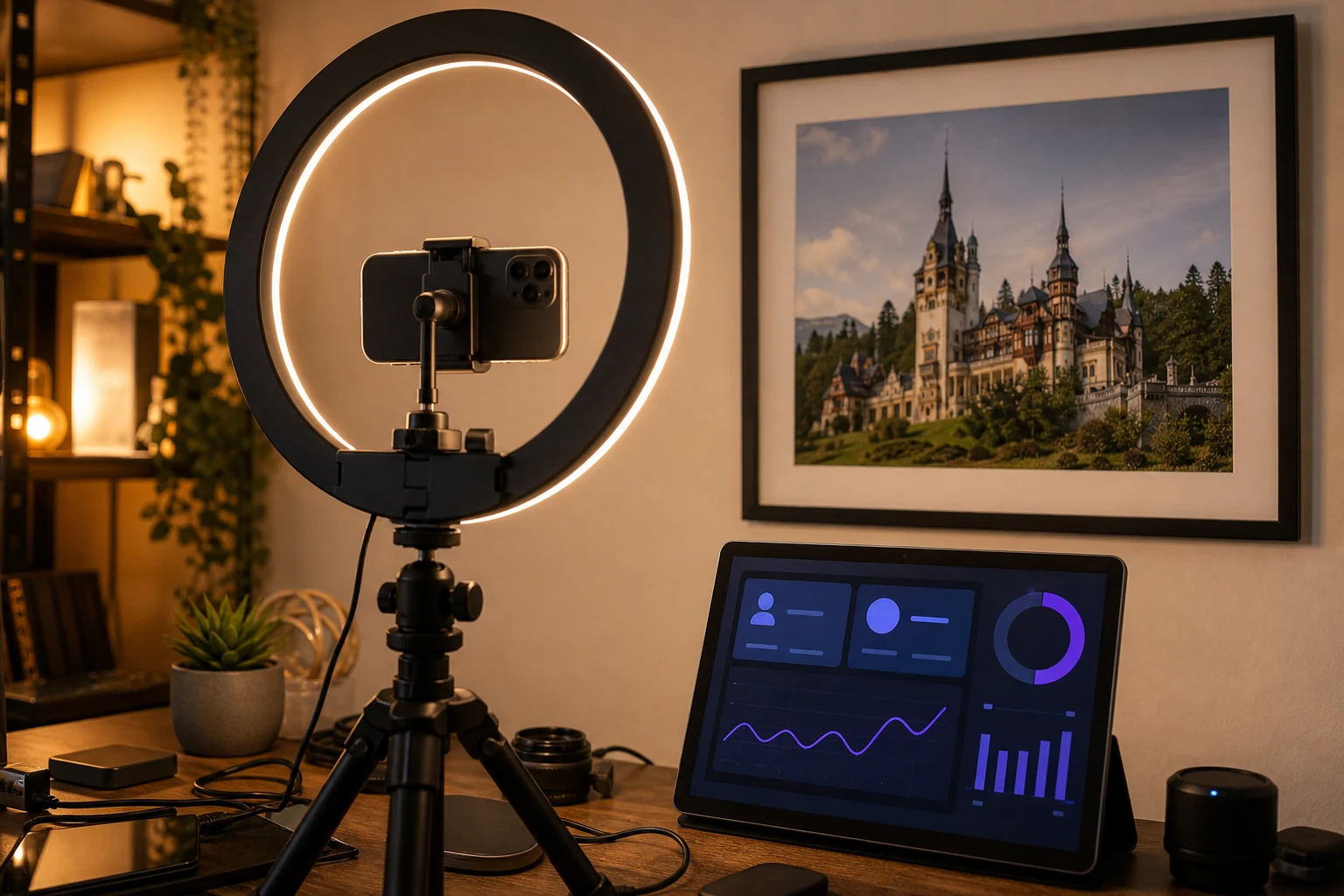W-8BEN pentru YouTube — studioul de acasă al unui creator cu lampă circulară și cameră pe trepied, un monitor mic afișează un tablou de bord de analiză în stil YouTube Studio, în spate pe perete un print înrămat cu Castelul Peleș