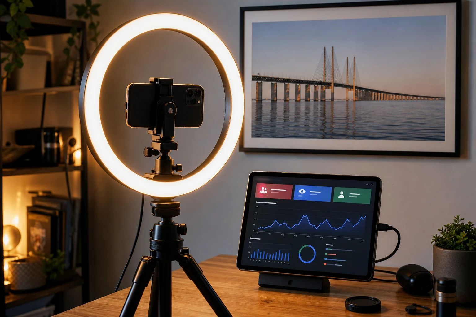 W-8BEN för YouTube — en innehållsskapares hemmastudio med ringljus och kamera på stativ, en liten skärm visar en analyspanel i YouTube Studio-stil, en inramad bild av Öresundsbron på väggen bakom