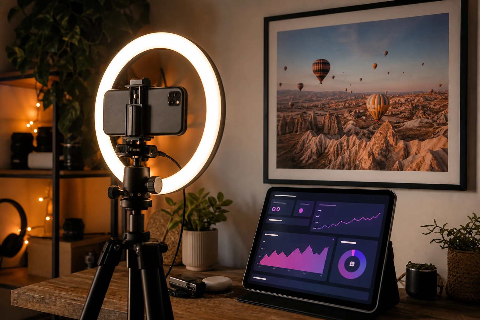 YouTube için W-8BEN — bir içerik üreticisinin ring light ve tripodlu kamerayla ev stüdyosu, küçük bir monitörde YouTube Studio tarzı analiz panosu görünüyor, arkadaki duvarda çerçeveli bir Kapadokya sıcak hava balonları baskısı