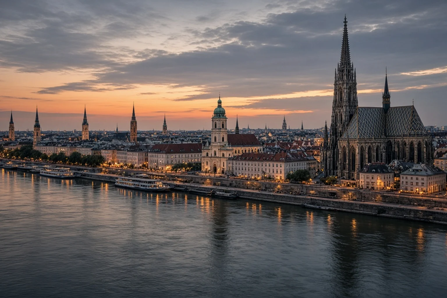Donau und Dächer von Wien in der Abenddämmerung, ohne Personen, no people, no readable text, no screens