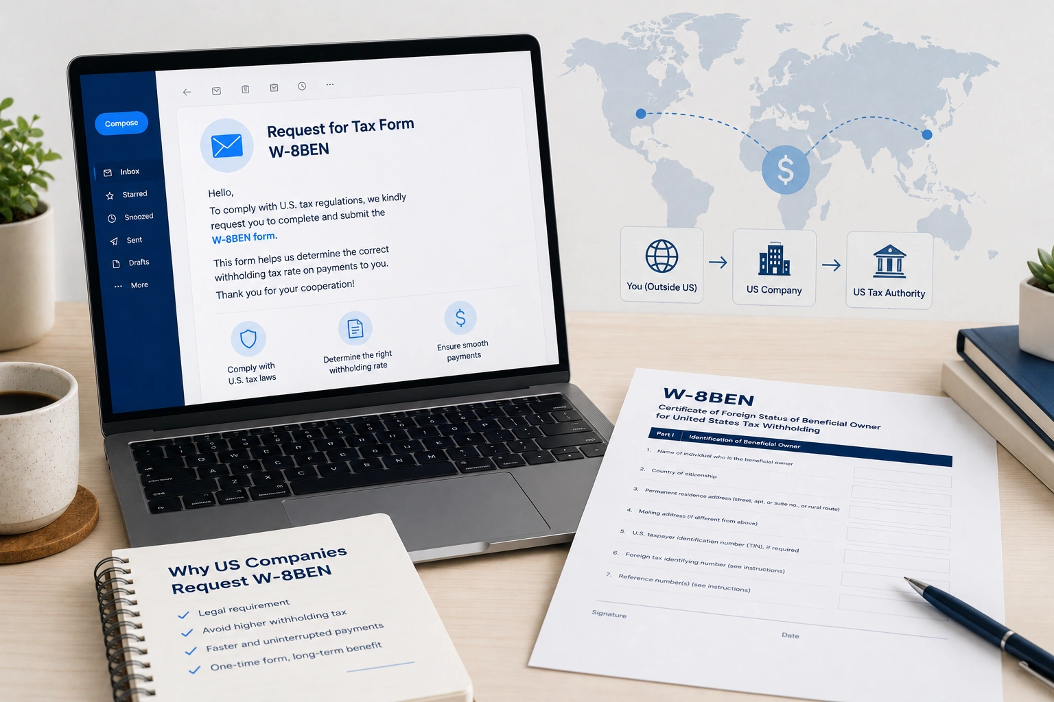 Nicht-US-Person erhält auf dem Laptop eine W-8BEN-Anfrage von einem US-Unternehmen, mit Steuerformular und Symbolen für internationale Zahlungen