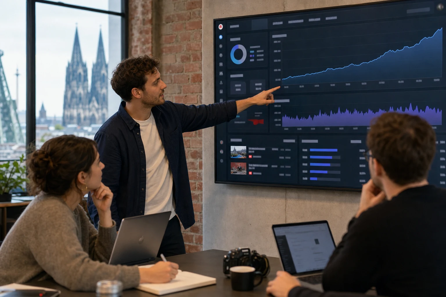 Ein kleines Medienteam prüft ein YouTube-Kanal-Analyse-Dashboard auf einem großen Bildschirm in einem Büro in Köln