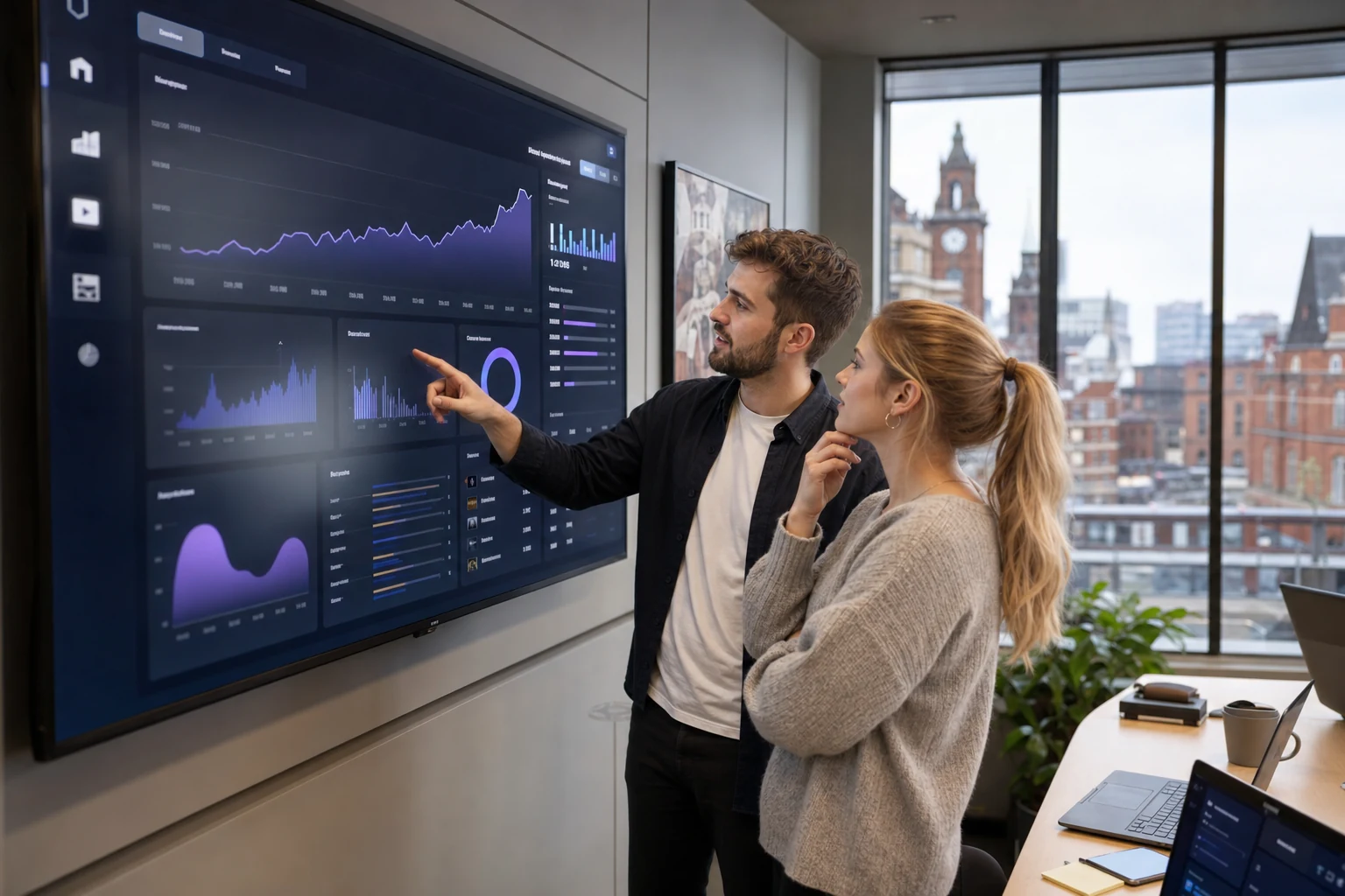 A small media agency team reviewing a YouTube channel analytics dashboard on a large office screen in London