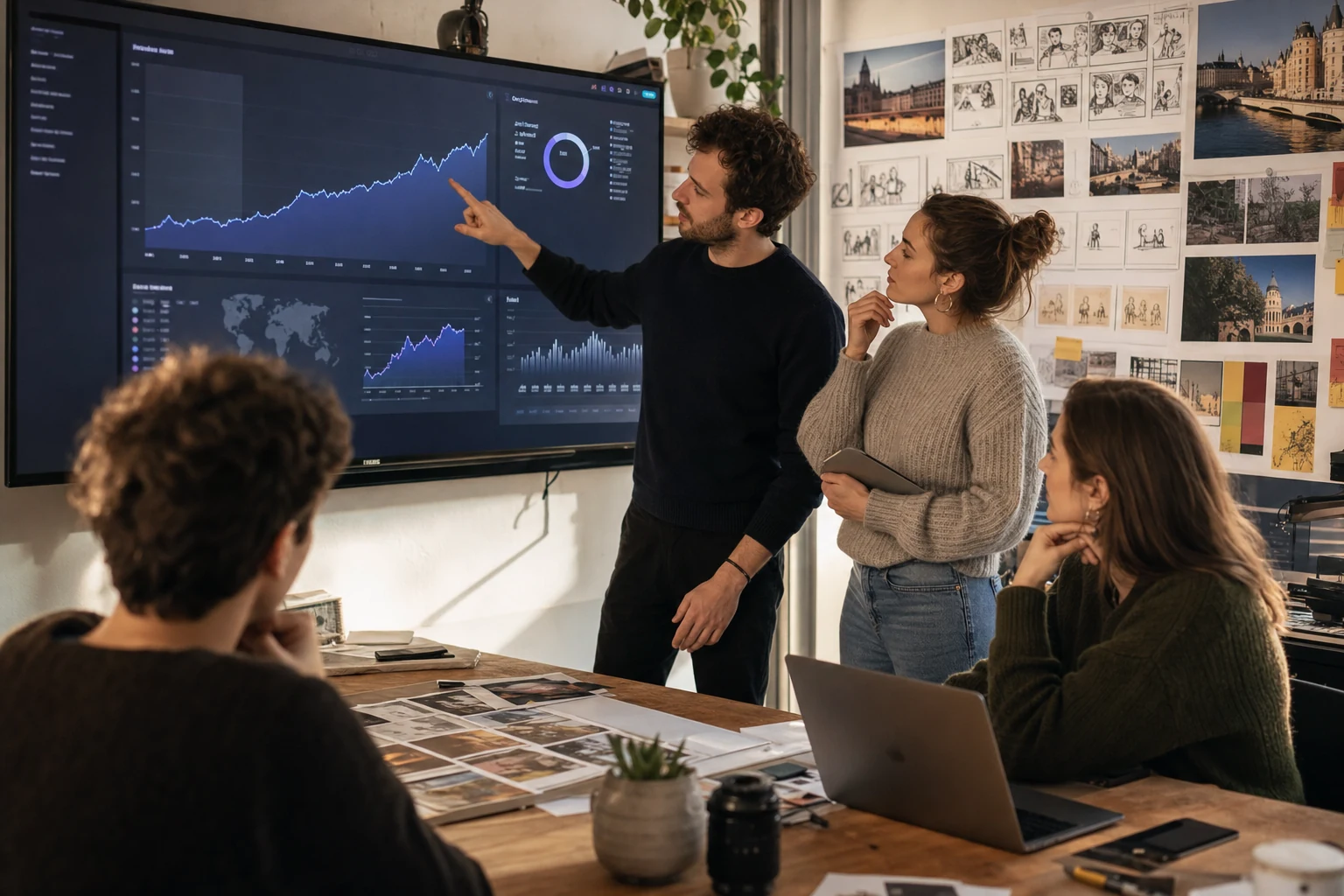 Une petite équipe de studio médias consultant un tableau de bord d'analyse de chaîne YouTube sur un grand écran de bureau à Lyon